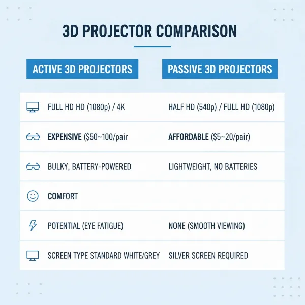 A visually appealing comparison table highlighting features of active vs. passive 3D projectors.