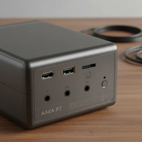 Rear view of AAXA P7 Mini projector showcasing its HDMI, USB, and memory card ports.