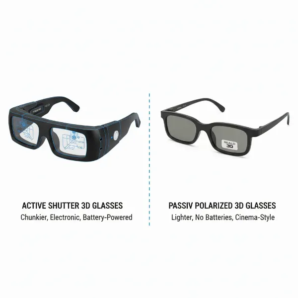 A comparison of active shutter 3D glasses and passive polarized 3D glasses, highlighting their design differences and technology.