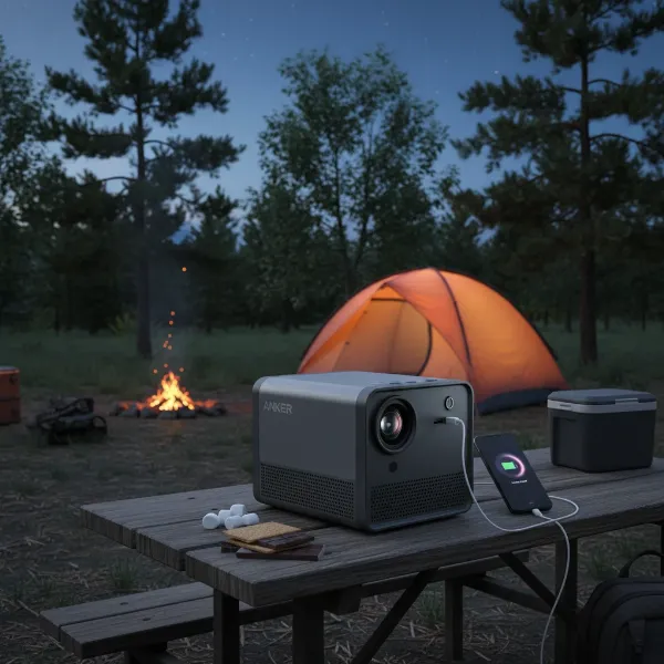 An Anker Nebula Mars 3 projector acting as a power bank, charging a smartphone in an outdoor camping scenario.