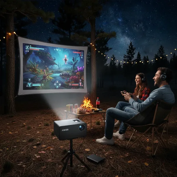 Two friends casually playing a video game on a large projected screen using the Anker Nebula Mars 3 outdoors at night.