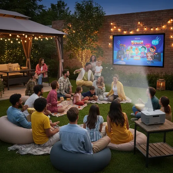 A diverse group of people, including adults and children, happily gathered around a projected image from an Anker Nebula Mars 3 projector in a relaxed outdoor setting, enjoying a movie or show.