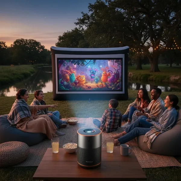 An Anker Nebula Mars 3 projector displaying a vibrant movie scene outdoors at dusk, with clear picture quality and audible sound suggested by people enjoying the experience.