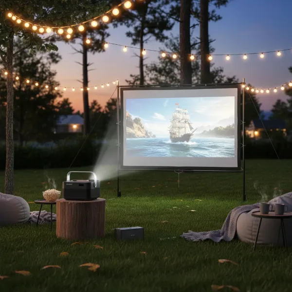 A well-optimized outdoor projector setup featuring the Anker Nebula Mars 3, demonstrating good screen placement and ambient lighting conditions for best viewing.