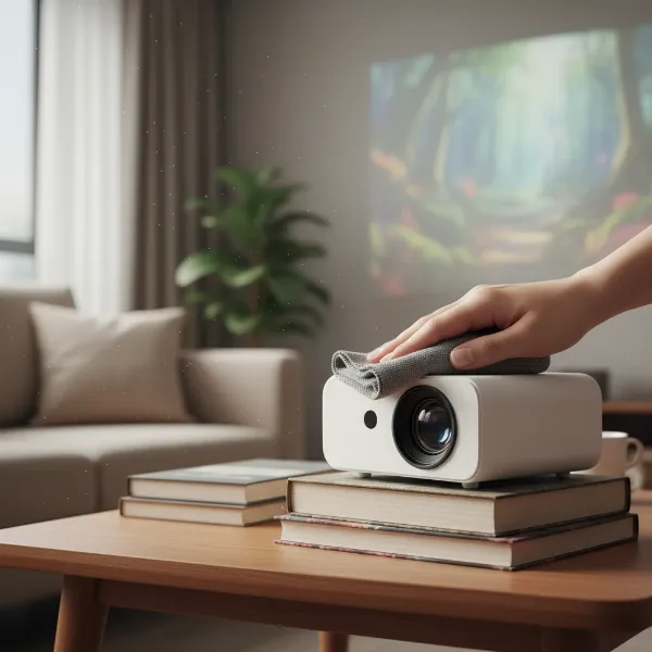 A hand gently cleaning the lens of a compact projector with a microfiber cloth in a small, tidy apartment setting, with a subtle movie scene projected in the background.