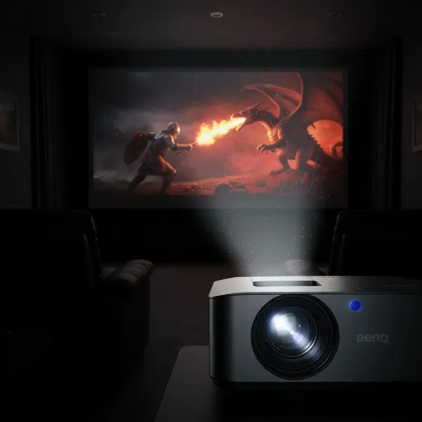 A detailed close-up of a BenQ DLP projector lens showcasing crisp image output on a screen in a dark room