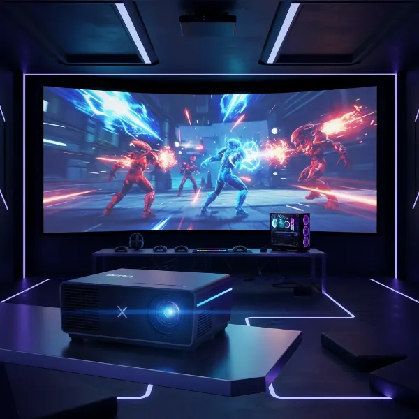A BenQ gaming projector displaying an action-packed video game scene with low input lag, vibrant colors, and sharp resolution.