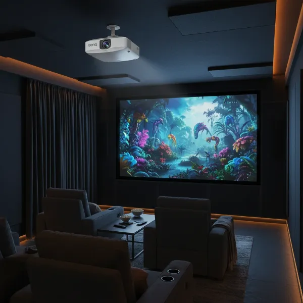 BenQ HT3560 4K home theater projector setup in a dedicated dark room, showcasing vivid colors and sharp image quality