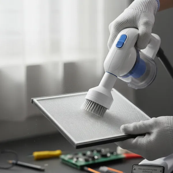A person using a small vacuum cleaner with a brush attachment to clean a projector's air filter, demonstrating proper technique.