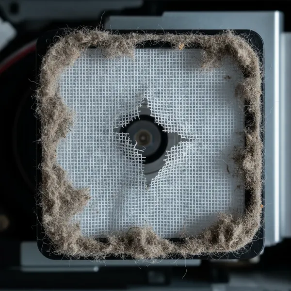 A close-up image of a projector air filter with visible damage, such as tears or holes, indicating it needs replacement.