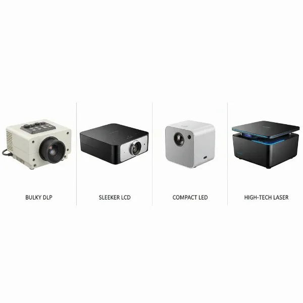 Four distinct projector types (DLP, LCD, LED, Laser) shown side-by-side, highlighting their unique physical characteristics and designs.
