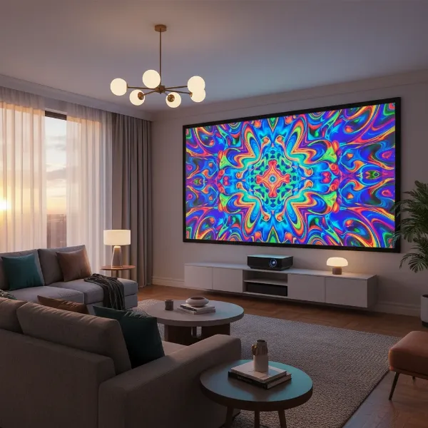 A vibrant image projected by an Epson 3LCD projector in a living room with some ambient light, showing rich colors and good brightness