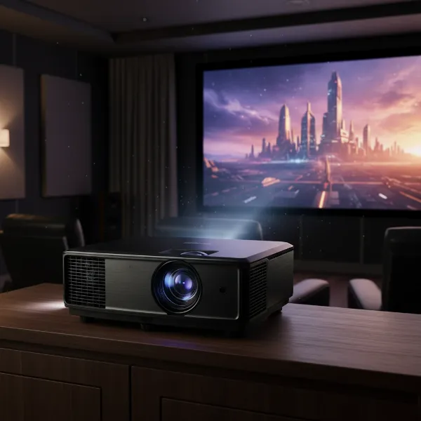 An Epson LS12000 laser projector projecting a vibrant 4K image onto a large screen in a dark home theater.