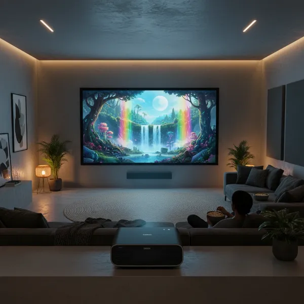 An Epson home cinema projector displaying a vibrant movie scene in a dimly lit living room, showcasing rich colors and sharp detail.
