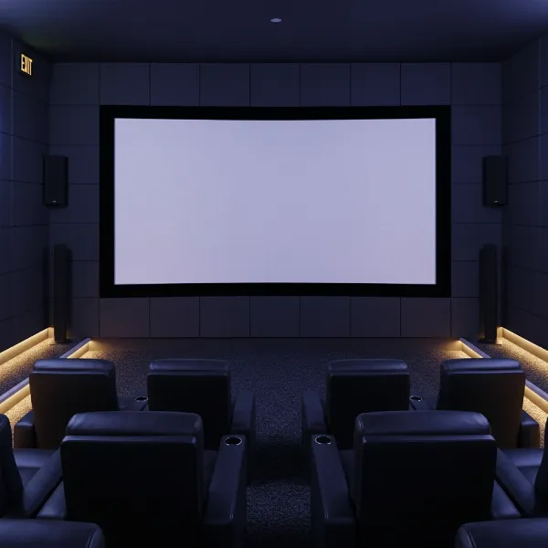 A modern home theater featuring a large, perfectly flat fixed frame projector screen mounted on a dark wall with ambient lighting, ready for cinematic viewing.