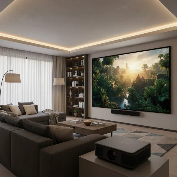Formovie Theater UST projector displaying a vibrant 4K image in a modern living room setting