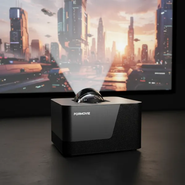 A close-up shot of the Formovie Theater UST projector projecting a sharp, colorful image onto a screen, showing its compact size and precision.