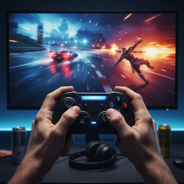 A gamer's hands on a controller, with the action reflected on a large, vibrant projected screen in the background, symbolizing responsiveness with low input lag.