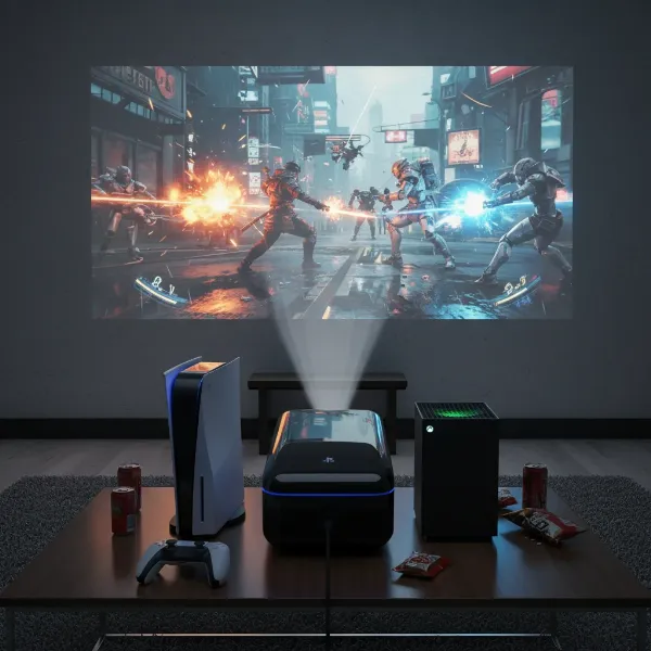 A high-end gaming projector displaying a vibrant game scene with a console and controller visible nearby, emphasizing VRR capabilities.