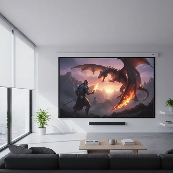 A clear, high-contrast image on a gray projector screen in a living room with some ambient light.