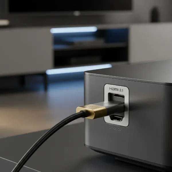 A close-up of an HDMI 2.1 port on the back of a projector, with an HDMI cable partially inserted, highlighting modern connectivity.