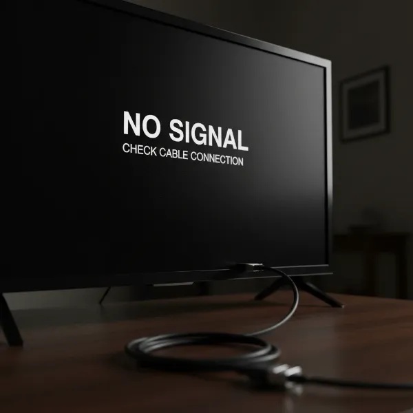 A TV screen displaying "No Signal" message with an HDMI cable connecting devices.