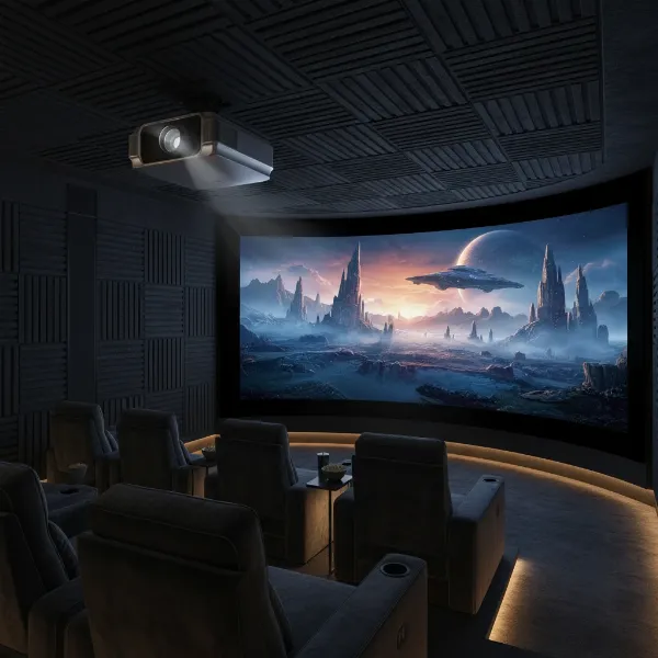 A high-end laser projector displaying an incredibly sharp, bright, and colorful image in a dedicated luxury home theater.