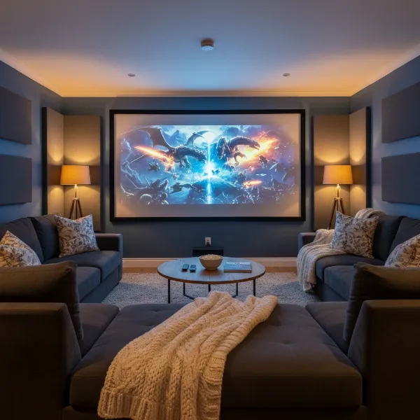 A cozy home theater setup with a projector displaying a movie on a large screen, comfortable seating, and ambient lighting, perfect for Netflix viewing