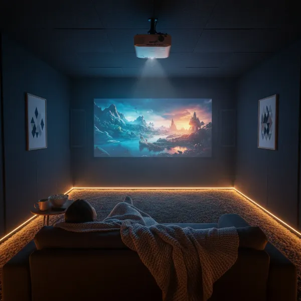 A person comfortably watching a projector in a well-optimized home theater, with dim lighting and proper viewing distance, demonstrating tips to reduce visual artifacts.