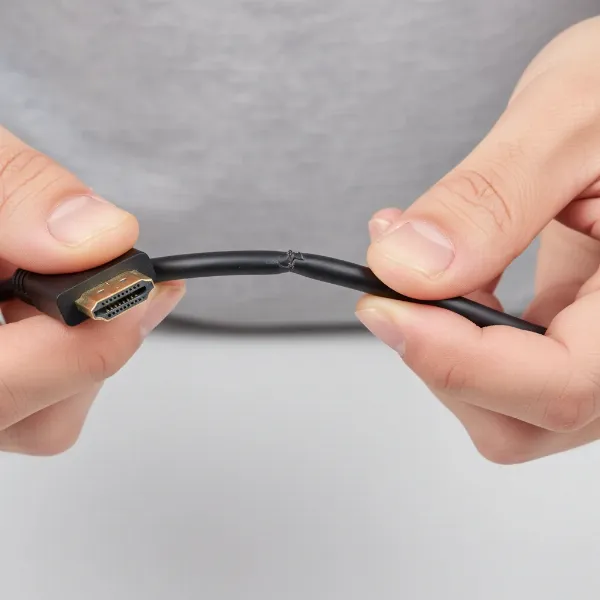 A person inspecting an HDMI cable for damage or bends.