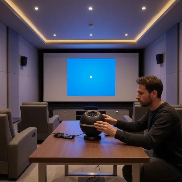A user setting up the JMGO N1 Ultra projector in a home theater, adjusting its position on a table.