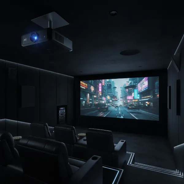 A premium JVC D-ILA NZ9 8K laser projector displaying a vibrant cinematic scene in a dark home theater.