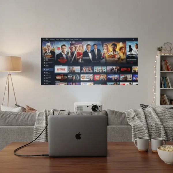 A laptop connected to a projector via an HDMI cable, displaying Netflix on a large screen, in a home theater setting