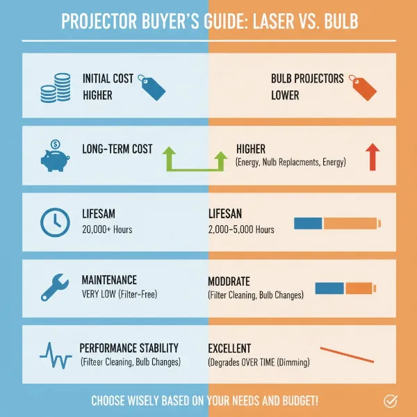 Infographic on choosing between laser and bulb projectors based on lifespan and total cost of ownership.