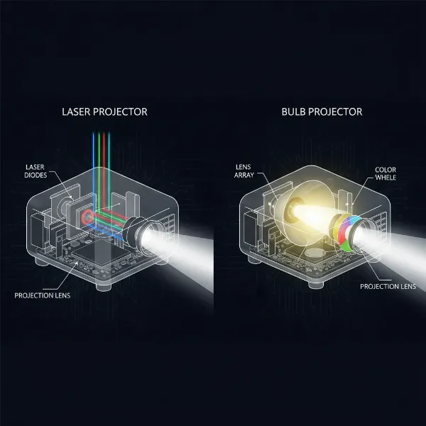 Comparison of laser diode light source and traditional UHP lamp in projectors, highlighting their core differences.