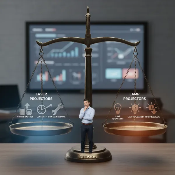 A person weighing the pros and cons of laser vs. lamp projectors on a scale, symbolizing the decision-making process.