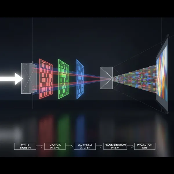 An illustration showing white light being split into red, green, and blue beams, passing through three separate LCD panels, and then recombined by a prism.