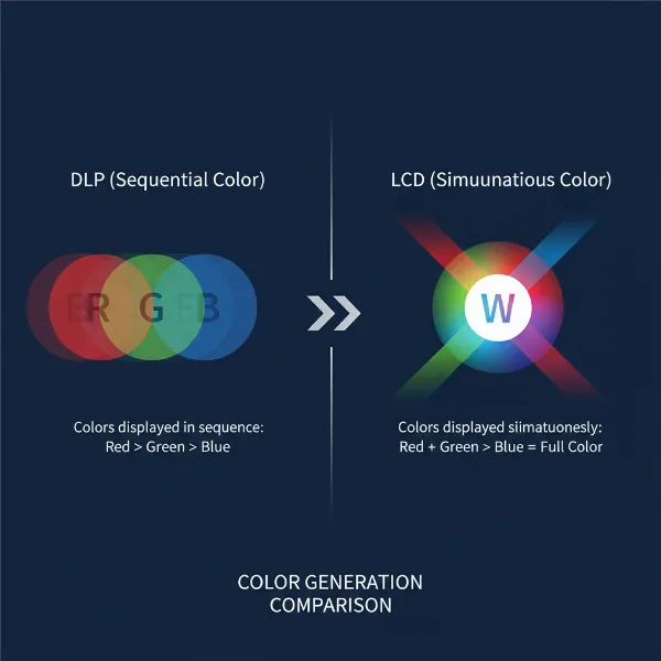 A split image comparing color display methods: one side showing sequential R-G-B flashes (DLP) and the other showing all three colors simultaneously (LCD), illustrating the difference in technology.