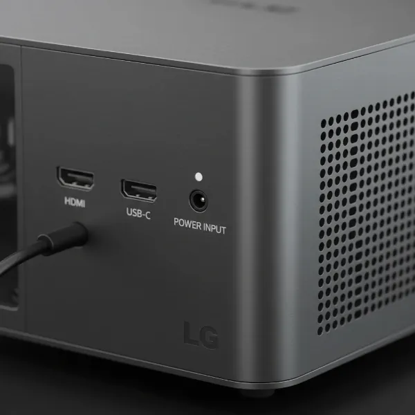 LG CineBeam Qube showing its various ports like HDMI and USB-C, highlighting its connectivity options.