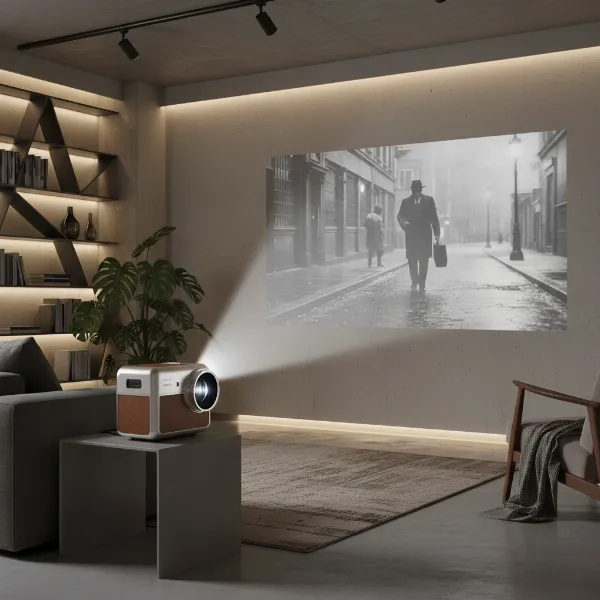 LG CineBeam Qube portable 4K projector with a retro camera design, projecting a vibrant image in a modern living space.