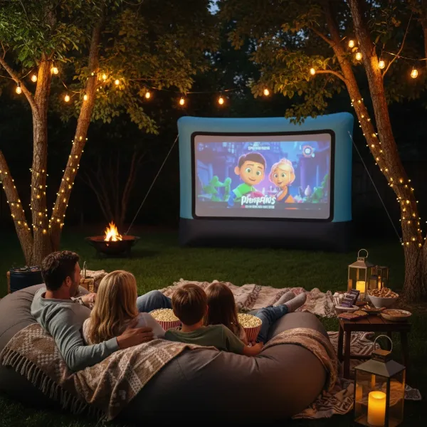 Family enjoying a movie projected onto a mid-range inflatable screen in a cozy backyard at night.