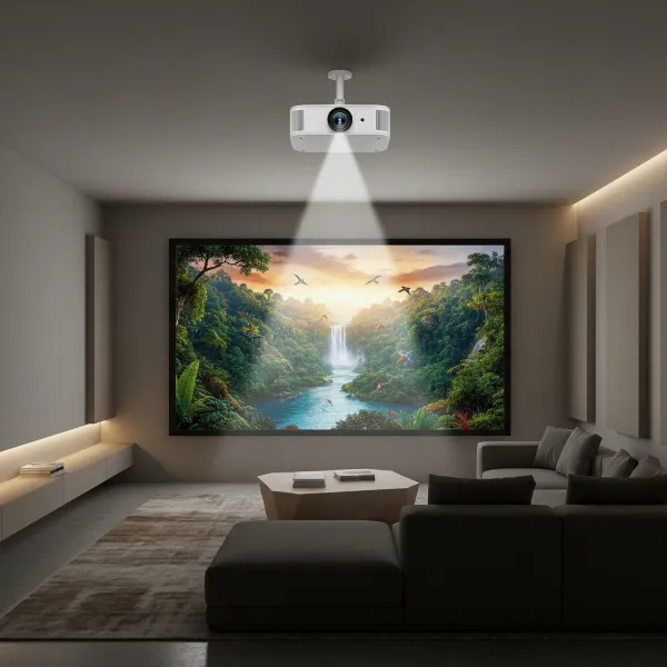 A modern digital projector creating a large, vibrant image on a screen in a contemporary room setting.