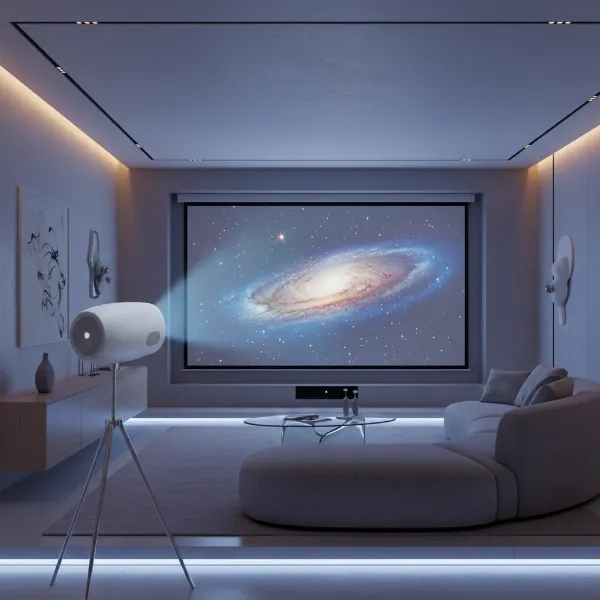 A sleek, modern projector casting a vibrant, clear image onto a screen in a dimly lit room, showcasing its primary function and advanced technology.