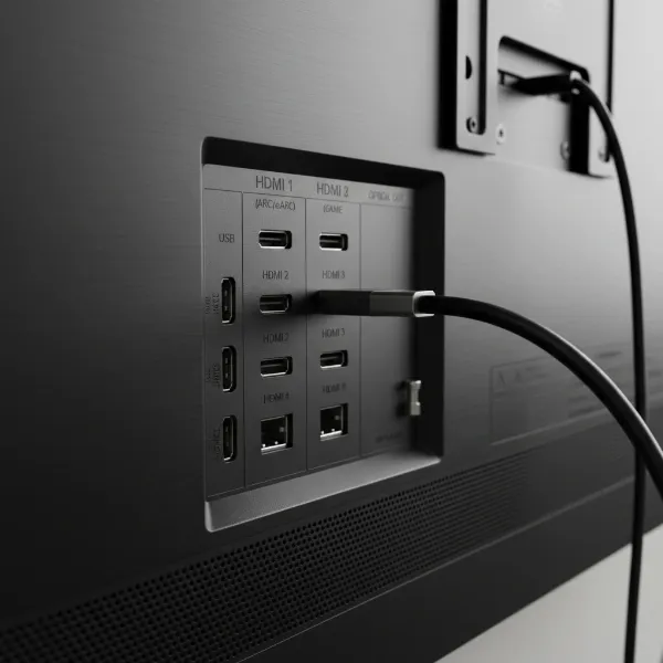 Multiple HDMI ports on the back of a TV, with one cable plugged in.