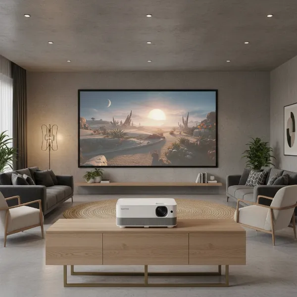 Optoma CinemaX P2 projector in a stylish living room projecting a large 4K image.