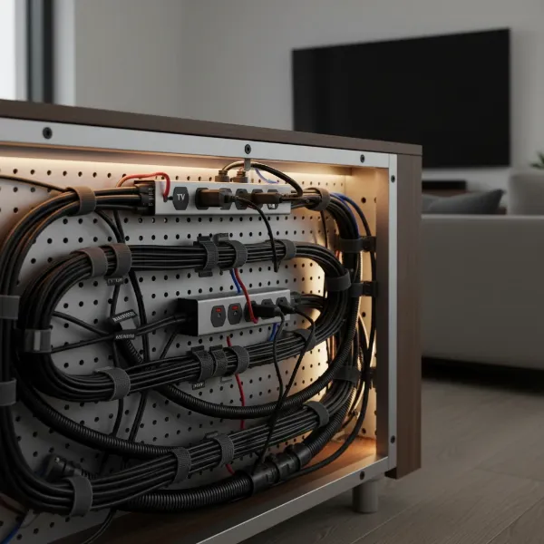 Organized HDMI cables behind an entertainment system.