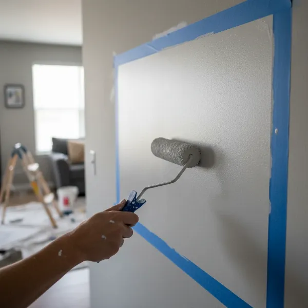 A person applying paint with a roller to a masked-off section of a wall for a DIY projector screen.