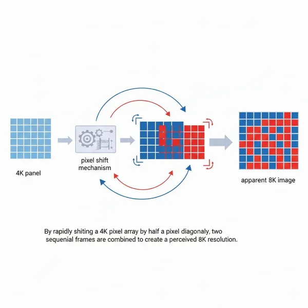 An illustrative diagram demonstrating 8K pixel-shift technology, showing how two shifted 4K frames create an apparent 8K image.