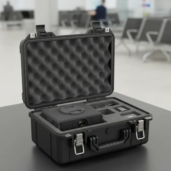 A sleek portable projector nestled securely within a durable, padded protective carrying case, ready for transport.