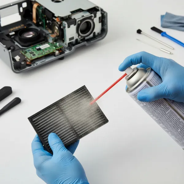 Close-up of a hand cleaning a projector air filter with a compressed air can, showing dust being removed from the mesh.